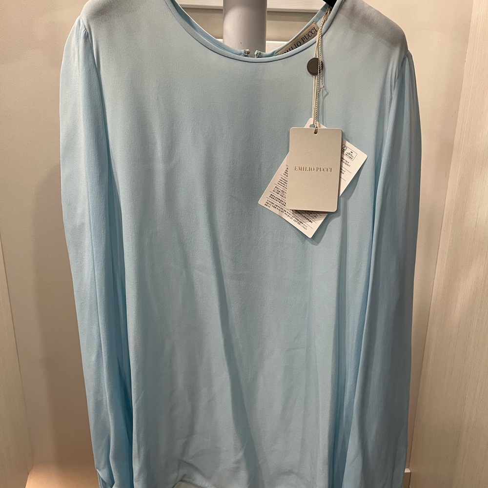 Pucci Pale Blue silk long sleeve blouse. New with tags